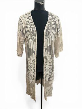 Rebellion Boho Cream Sheer Kimono Duster With Embroidered Pattern Medium